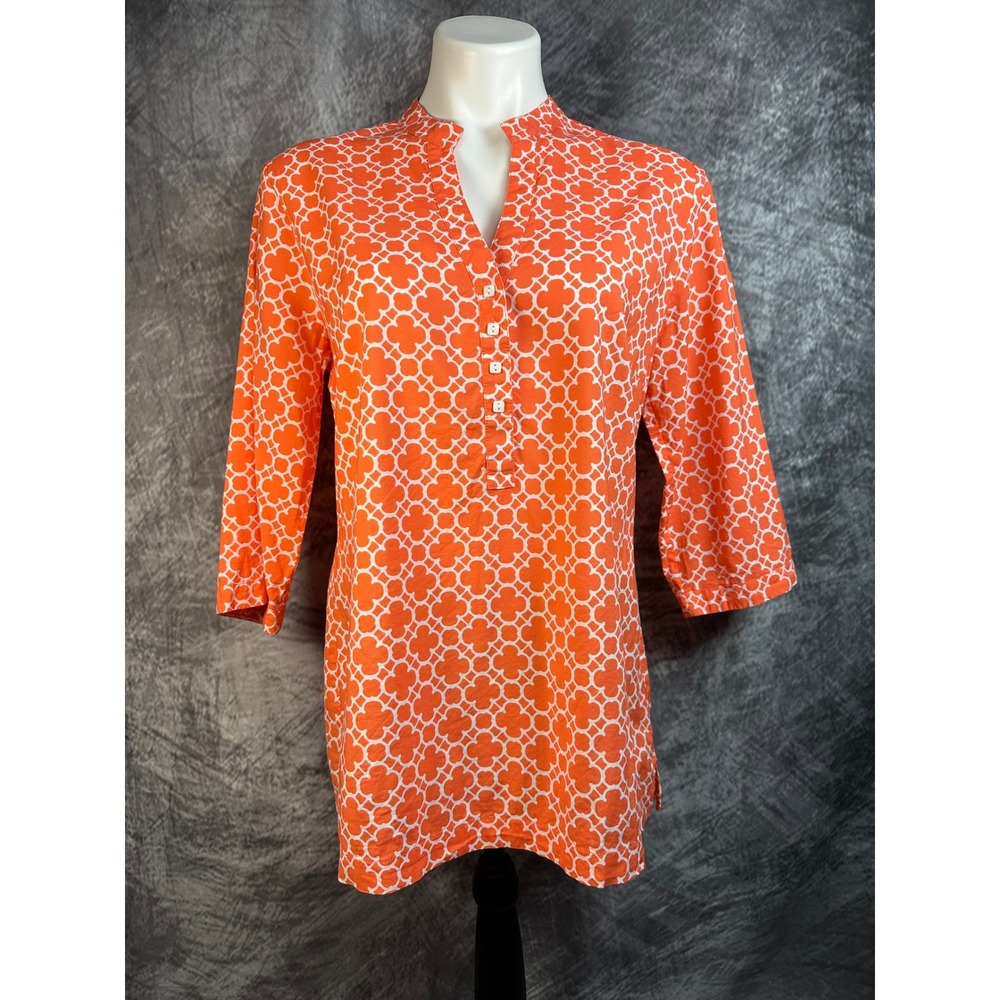 Peter Millar Crown Women's Med Orange Clover Quatrefoil Tunic Blouse 3/4 Sleeve